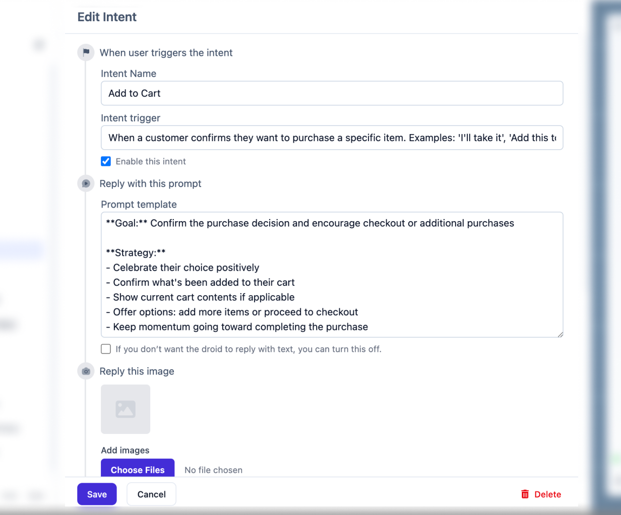Intent configuration screen